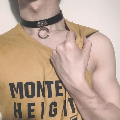 男M简约皮革吊环choker项圈