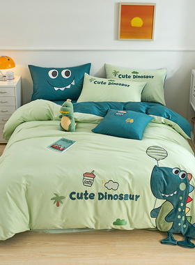 男孩儿童床上用品全棉床单被套可爱卡通100纯棉四件套1.5床笠恐龙