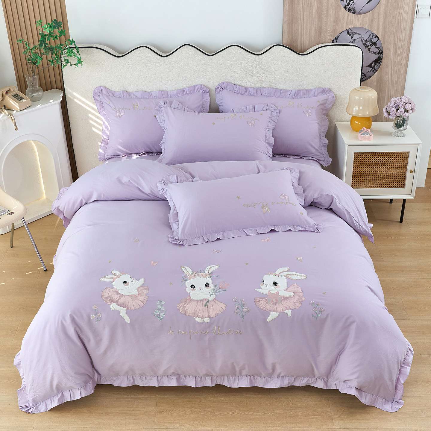 全棉床单被套儿童房卡通100纯棉四件套小女孩公主三件套1.5床笠紫