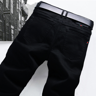 2025纯黑色牛仔裤男修身直筒裤弹力小脚不褪色裤子男秋冬加绒长裤