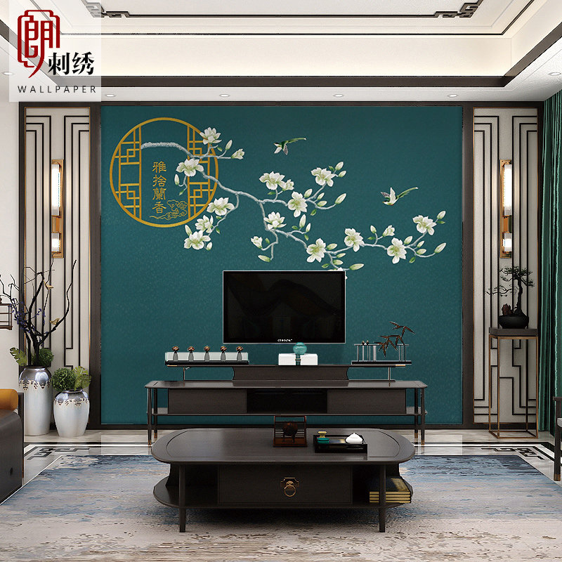 朗朗独秀刺绣无缝墙布卧室床头客厅沙发电视背景中式壁布雅舍兰香