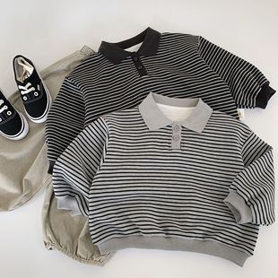 宝宝休闲上衣小童POLO衫 儿童百搭条纹翻领卫衣男女童2025春秋装 潮