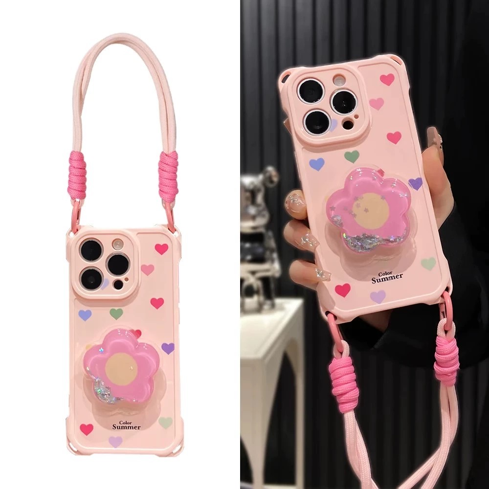 粉花支架挂绳适用苹果16PROMAX手机壳iPhone新款OPPOReno13潮vivoX100mate60pro可爱15/14华为pura70荣耀100