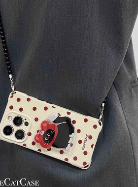 四角挂绳波点黑猫支架适用于苹果16promax手机壳15/14/13promax可爱VIVOY300/200创意OPPORENO13/12小米一加