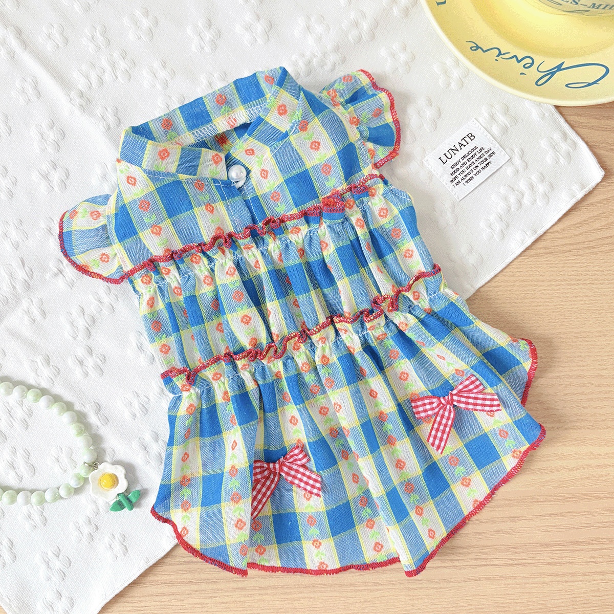 田园风宠物格子小飞袖法式公主裙狗狗猫咪衣服比熊泰迪约克夏