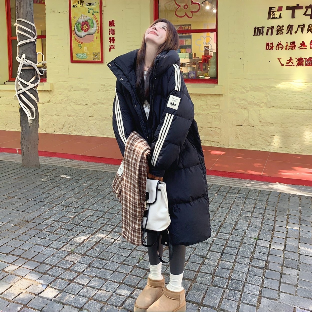雪莉shirley 白鸭绒中长款羽绒服女冬新款韩系学院风加厚连帽外套