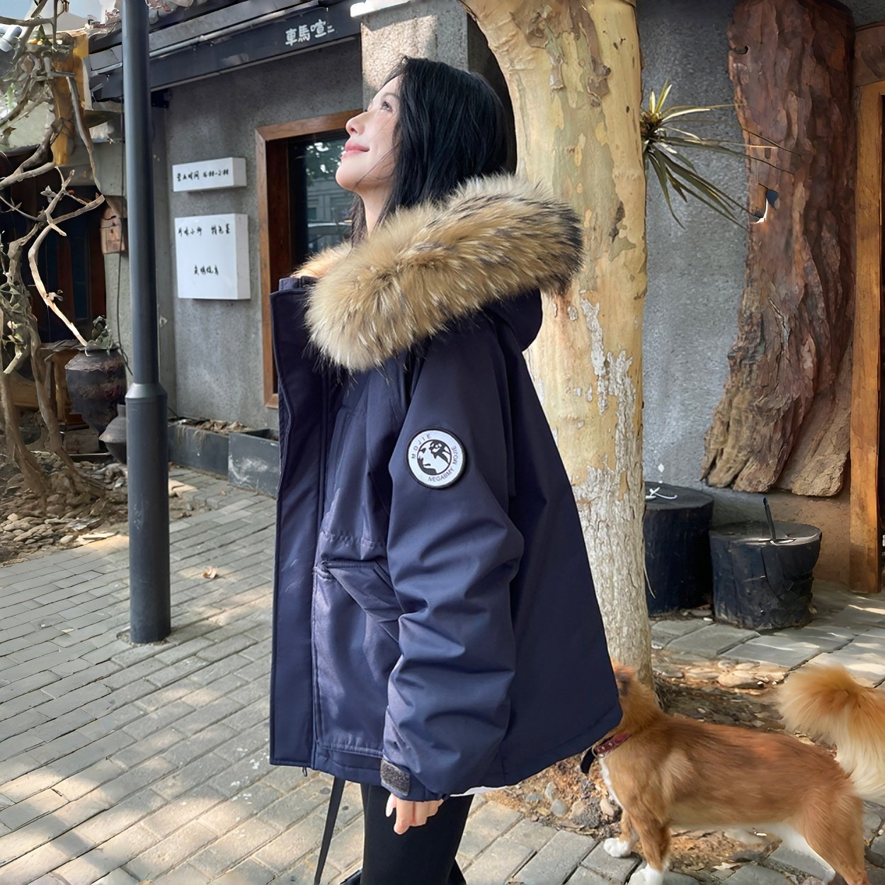 雪莉shirley 藏蓝色羽绒服女工装派克服短款小个子大毛领冬外套
