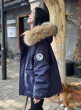 雪莉shirley 藏蓝色羽绒服女工装派克服短款小个子大毛领冬外套