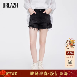 URLAZH有兰夏季新款洋气时尚黑色纯棉休闲风毛边破洞牛仔短裤女