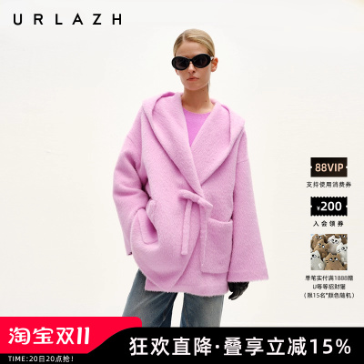 设计感蝴蝶结连帽毛呢外套