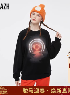 URLAZH有兰秋冬新款黑色宽松科技感风圆领长袖上衣运动卫衣女潮酷