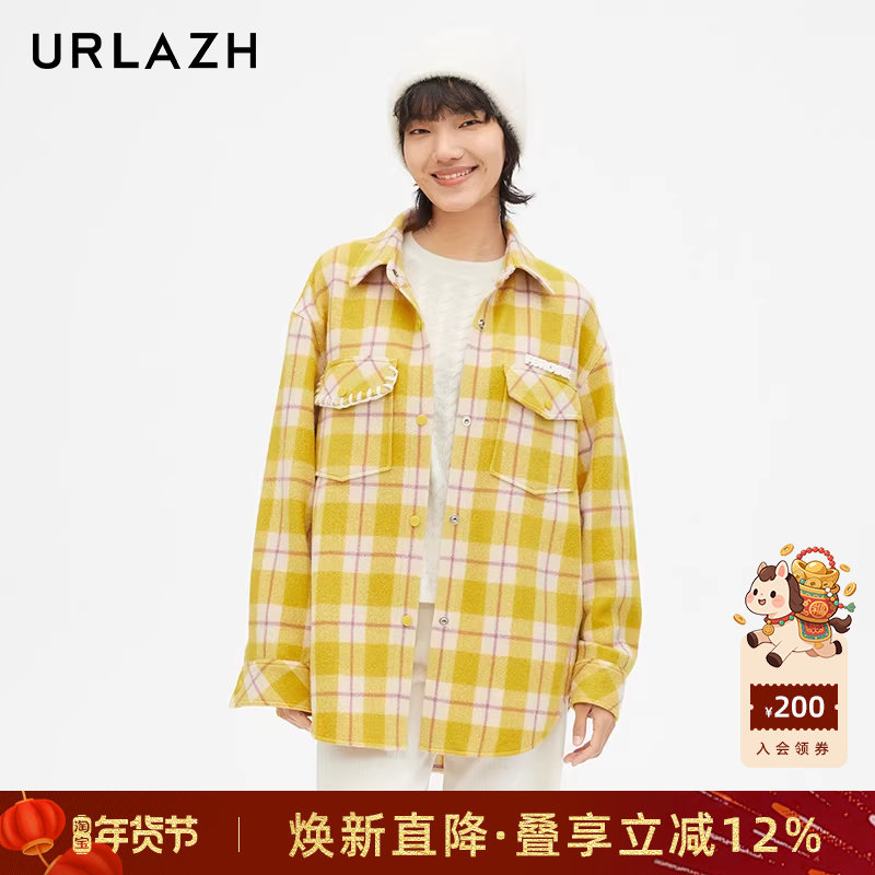 URLAZH有兰新款学院风羊毛复古格子休闲宽松长袖毛呢大衣外套女