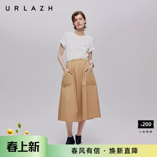 URLAZH有兰夏季新款解构式假两件圆领拼接中长款短袖休闲连衣裙女