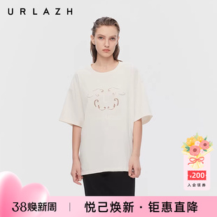 URLAZH有兰春季新款小清新本白圆领休闲宽松镂空绣花纯棉短袖T恤