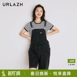 女 毛边牛仔背带裤 URLAZH有兰新款 复古休闲百搭宽松黑色减龄时尚