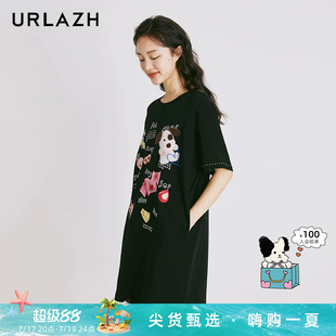URLAZH有兰新款涂鸦印花复古黑色宽松休闲短袖连衣裙女圆领T恤裙