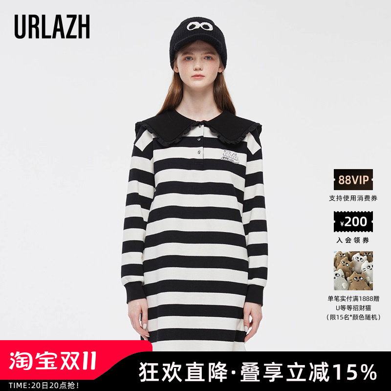 冬季黑色条纹长袖连衣裙