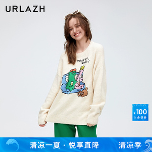 新款 URLAZH有兰春季 慵懒风简约圆领恐龙绣花软糯宽松针织毛衣女