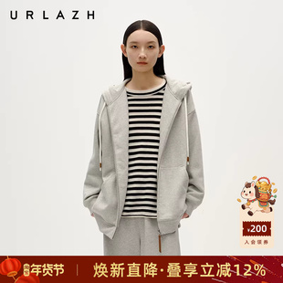 URLAZH有兰冬季新款简约休闲百搭灰宽松卫衣运动抽绳连帽外套女