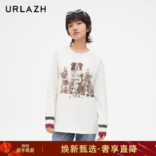 URLAZH有兰新款 T恤女上衣 卡通小狗印花休闲宽松白色圆领百搭长袖