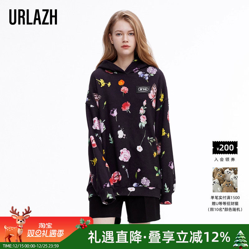 URLAZH/有兰黑色宽松连帽卫衣