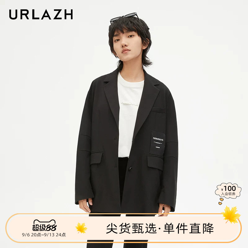 URLAZH有兰新款时尚简约百搭黑色休闲宽松设计感假两件西装外套女