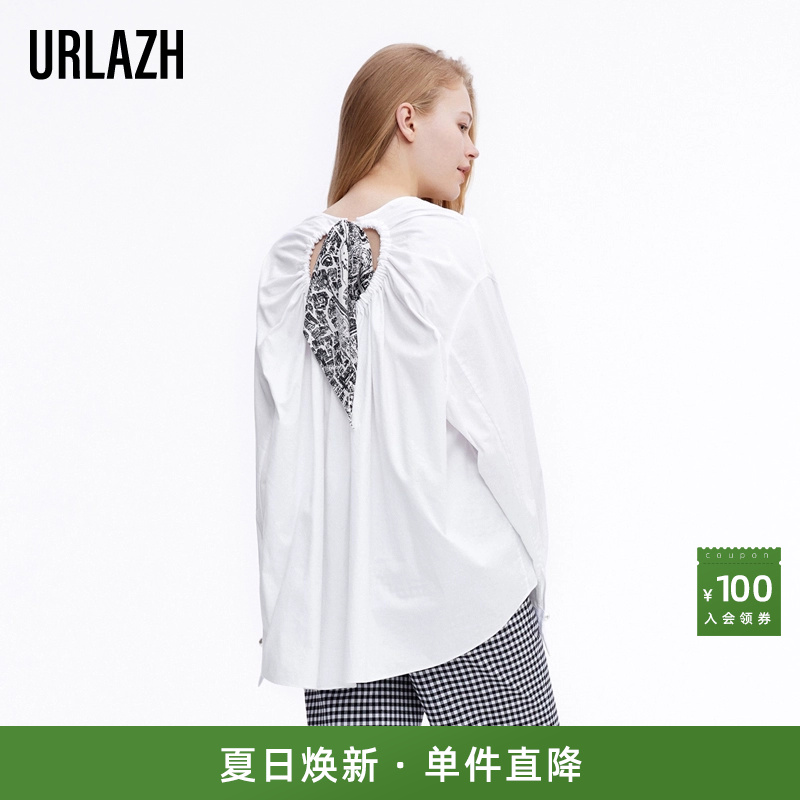 URLAZH有兰秋季新款拼接丝巾白色上衣卫衣女LL1SW20