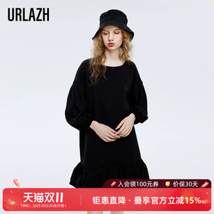 URLAZH有兰新款复古洋气黑色气质娃娃裙长袖设计感泡泡袖连衣裙