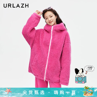 URLAZH有兰新款火龙果玫红色气质休闲宽松时尚连帽毛呢大衣外套女