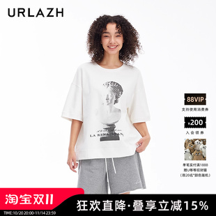 URLAZH有兰新款 T恤女上衣 洋气白色休闲百搭宽松圆领潮流印花短袖