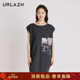 URLAZH有兰新款 休闲连衣裙 复古深灰色简约百搭纯棉宽松圆领小飞袖