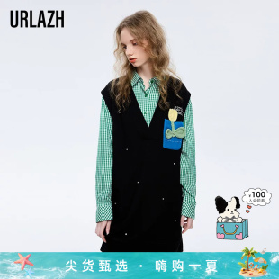 URLAZH有兰新款复古黑色气质通勤简约宽松套头V领针织连衣裙女