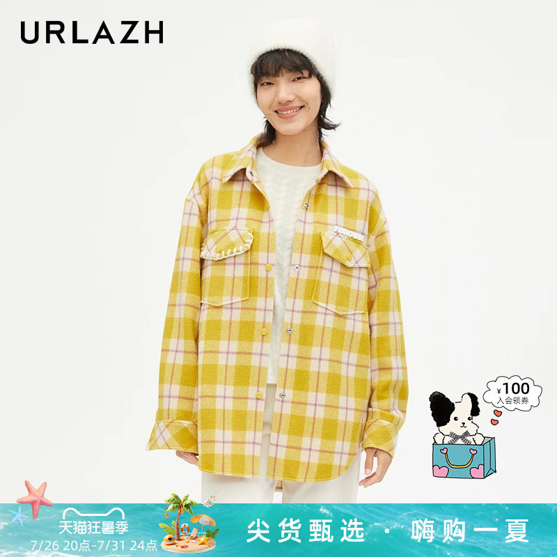URLAZH有兰新款学院风羊毛复古格子休闲宽松长袖毛呢大衣外套女