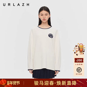 藏青镶边圆领休闲简约宽松百搭长袖 URLAZH有兰春季 新款 落肩白T恤