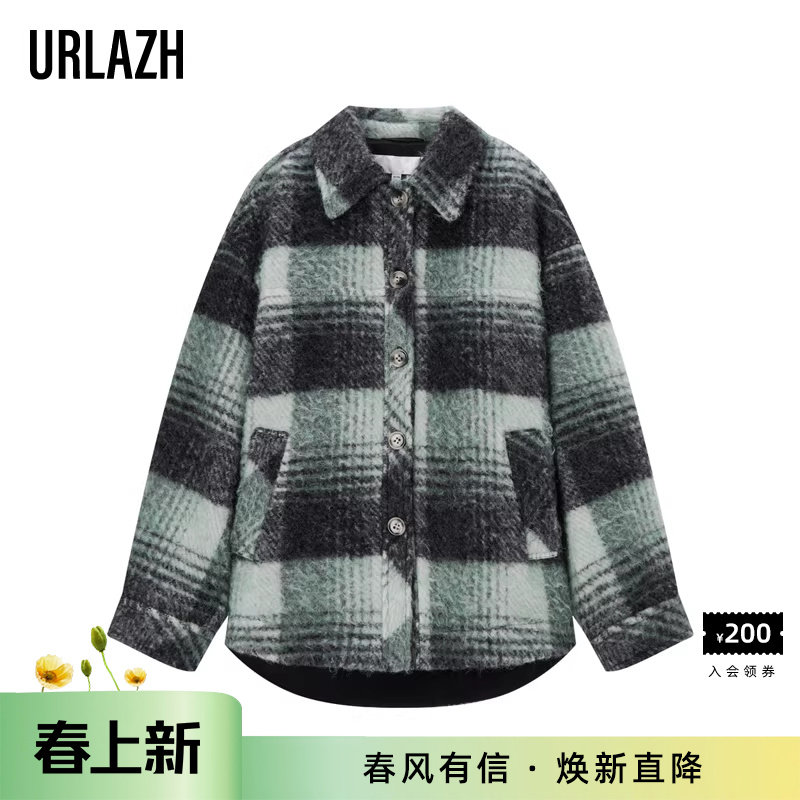 URLAZH有兰秋季新款复古简约格纹宽松休闲短款毛呢外套大衣女