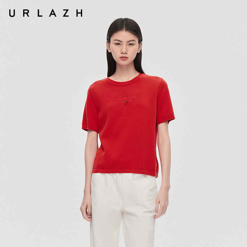 URLAZH有兰春季新款时尚简约圆领短袖复古番茄红套头针织衫毛衣女,女装/女士精品,毛针织衫,淘宝优惠券,粉丝福利购,淘宝优惠卷