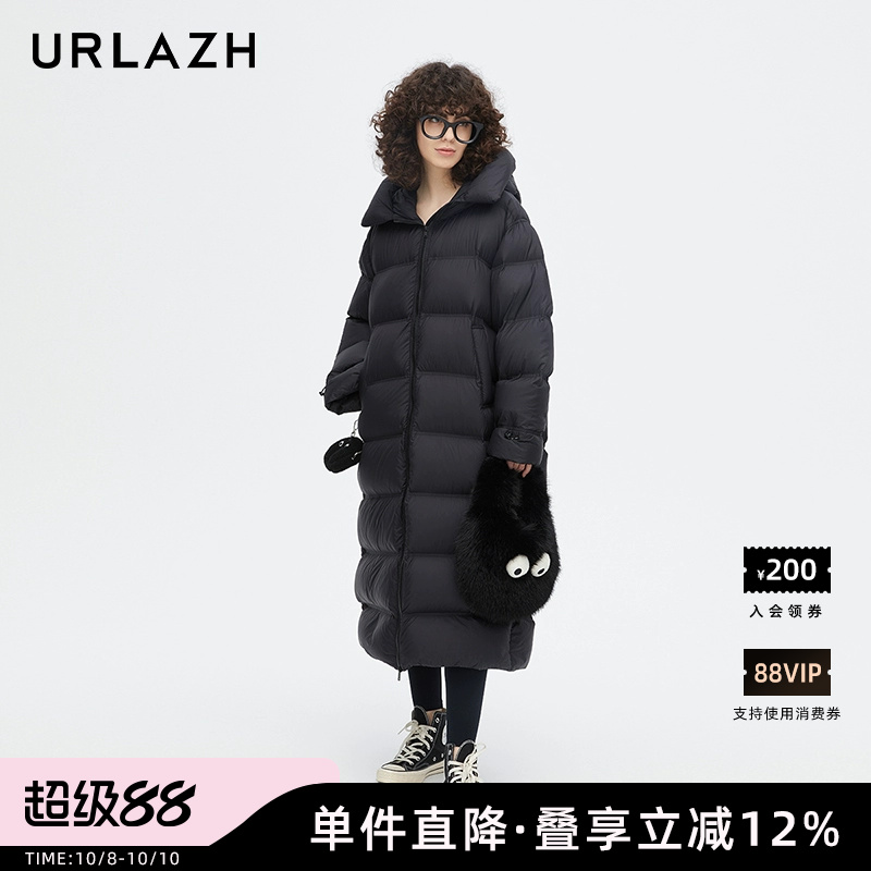 URLAZH有兰新款时尚气质简约黑色轻薄休闲宽松长款羽绒服外套女