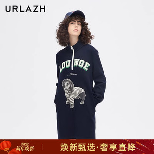 印花气质长袖 复古学院风时尚 半拉链立领连衣裙 美式 URLAZH有兰新款