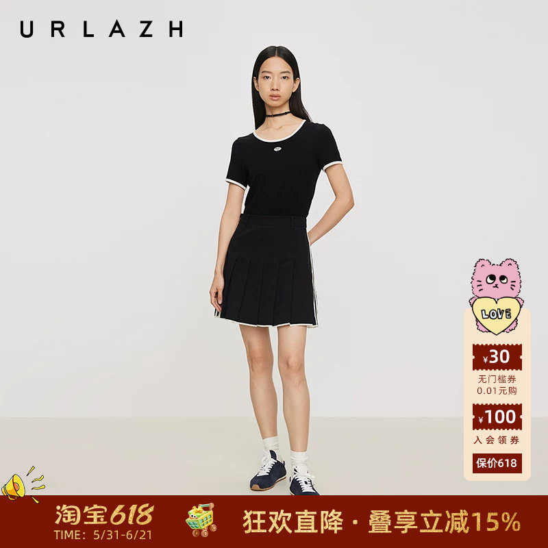 URLAZH有兰夏季新款气质百搭短裙黑色减龄少女活力网球百褶裙半裙