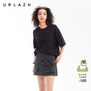【艾草精华】URLAZH有兰夏季新款黑色百搭圆领休闲短袖T恤女上衣