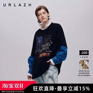 T恤 街头潮感上衣休闲宽松假两件圆领百搭长袖 URLAZH有兰秋季 新款