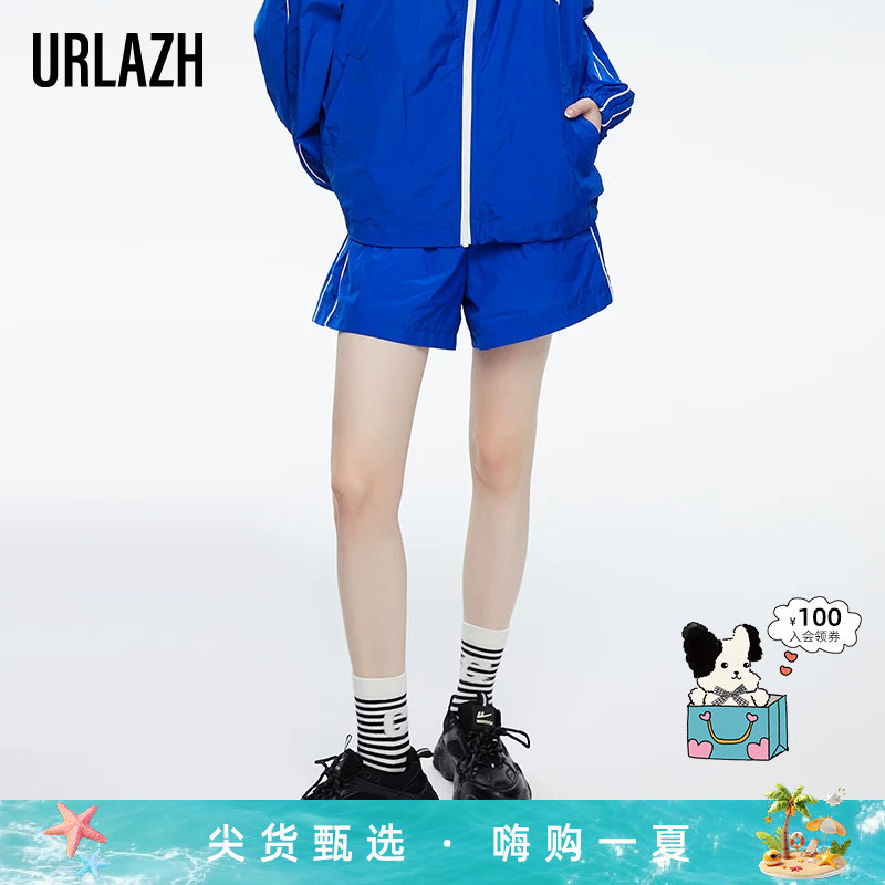 URLAZH有兰新款宝蓝色复古宽松直筒简约运动松紧腰休闲风短裤女