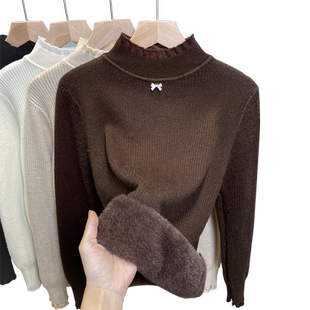 加绒半高领毛衣女一体绒打底衫2025秋冬新款蕾丝针织衫内搭厚上衣