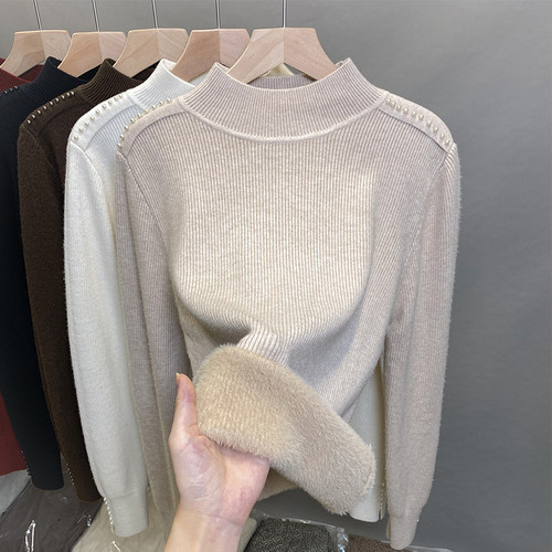 一体绒半高领毛衣女钉珠厚打底衫