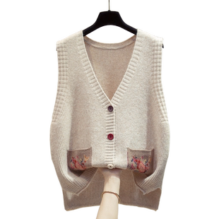 花纱v领针织开衫马甲背心女2025秋冬新款宽松外穿马夹毛衣坎肩潮