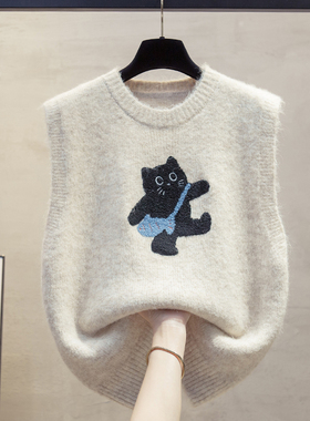 绣花圆领针织马甲背心女2025秋冬新款宽松外穿马夹叠穿毛衣坎肩潮