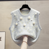 手工花圆领针织马甲背心女2025秋冬新款 宽松外穿马夹叠穿毛衣坎肩