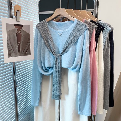 披肩假两件圆领竹节麻宽松针织衫