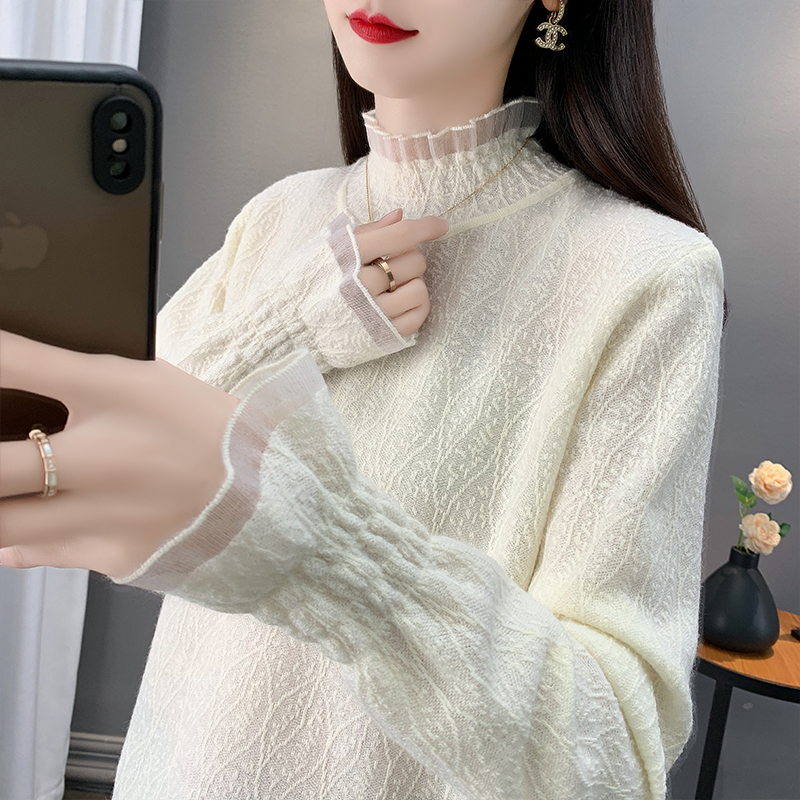 羊毛蕾丝半高领毛衣女内搭打底衫