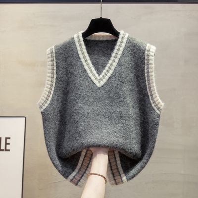 条纹v领针织马甲背心女羊毛坎肩